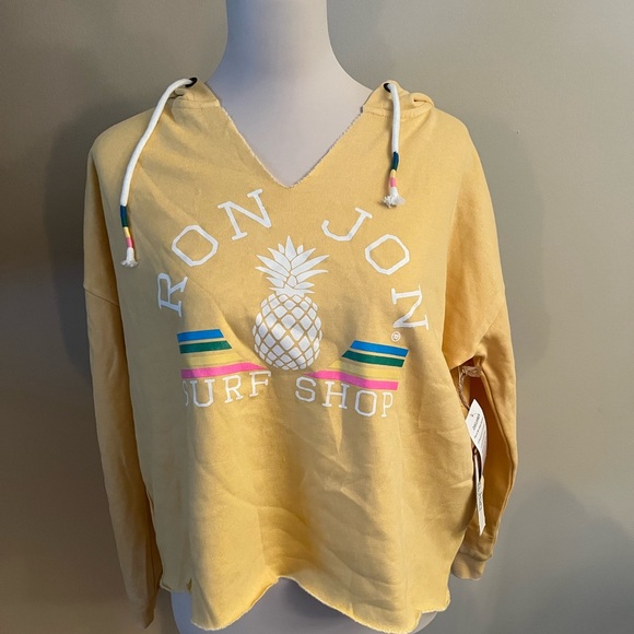 NWT Ron Jon Bright Yellow distressed cropped hoodie, size XS - Picture 6 of 6